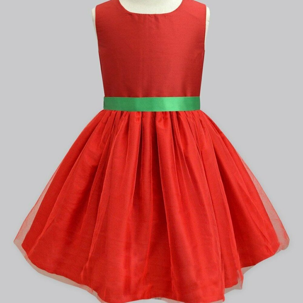 NWT Red and green belted tulle-overlay dress